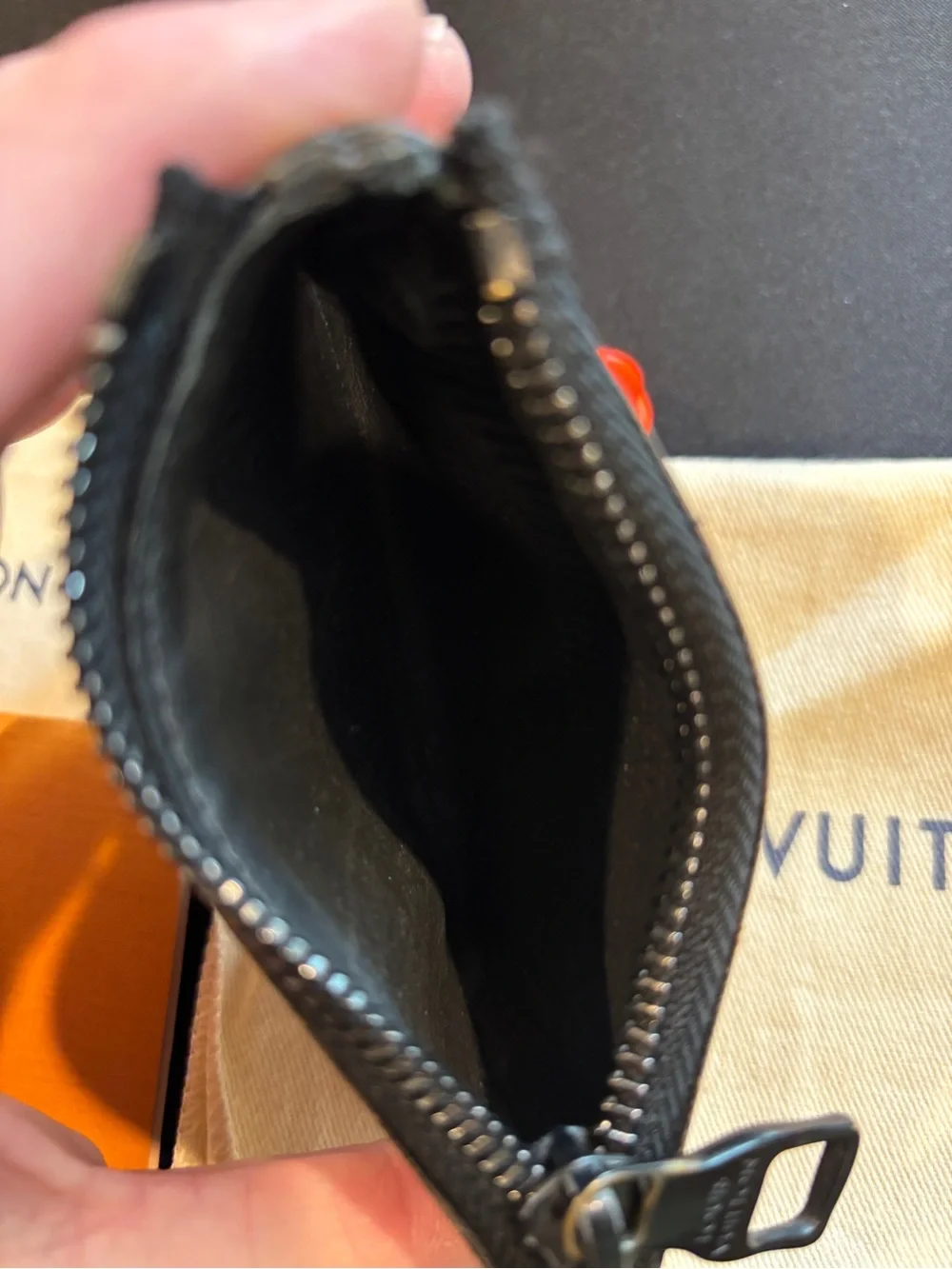 Louis Vuitton Brown Monogram Pouch with Bright Orange Chain